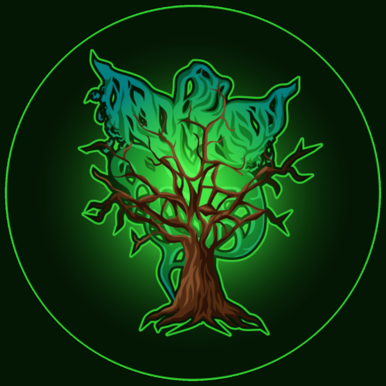 Necrotree emblem: a glowing green tree with a bone-white canopy